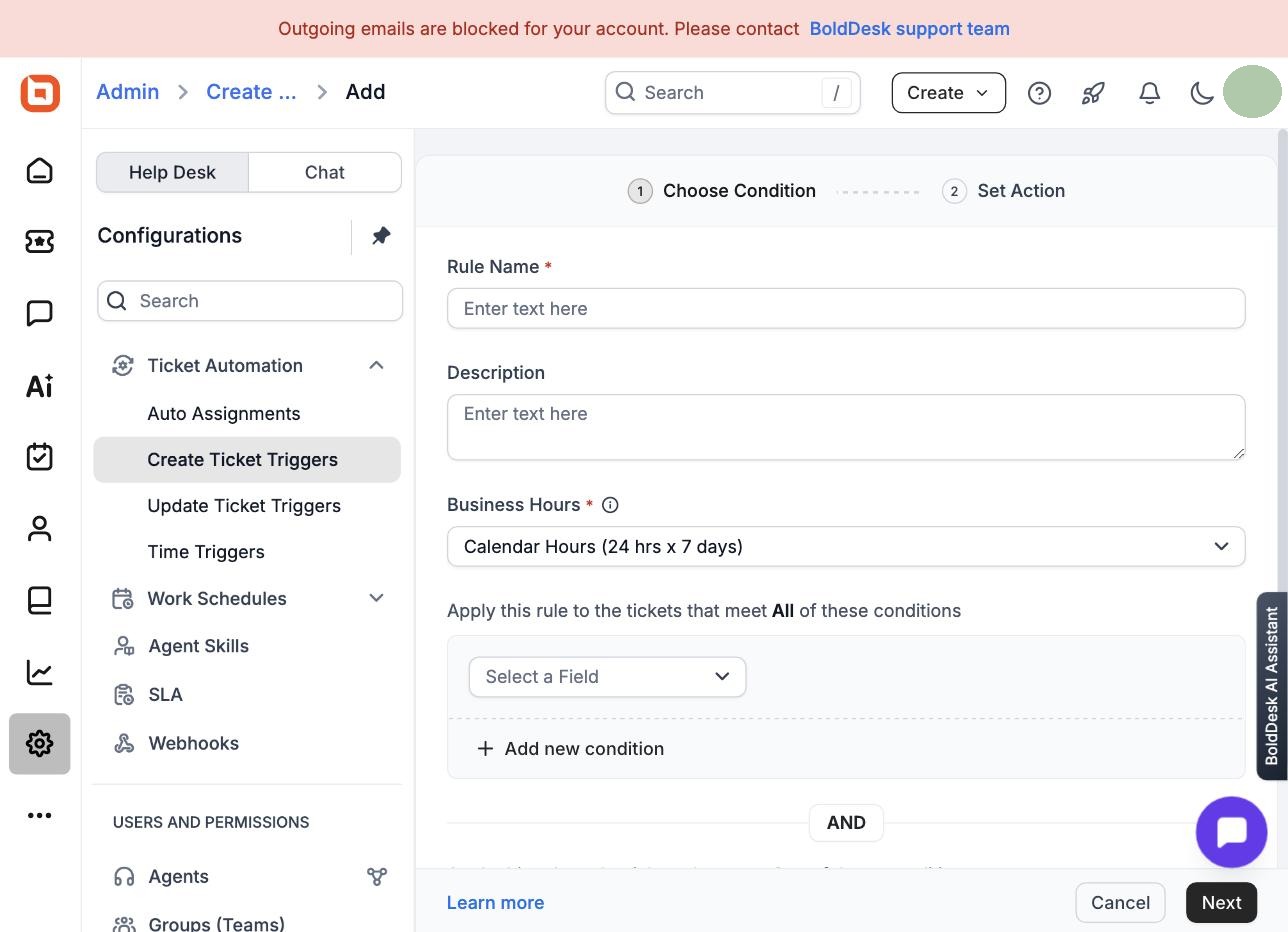 BoldDesk automation rule builder showing rule name, business hours, and condition fields for a new create-ticket trigger