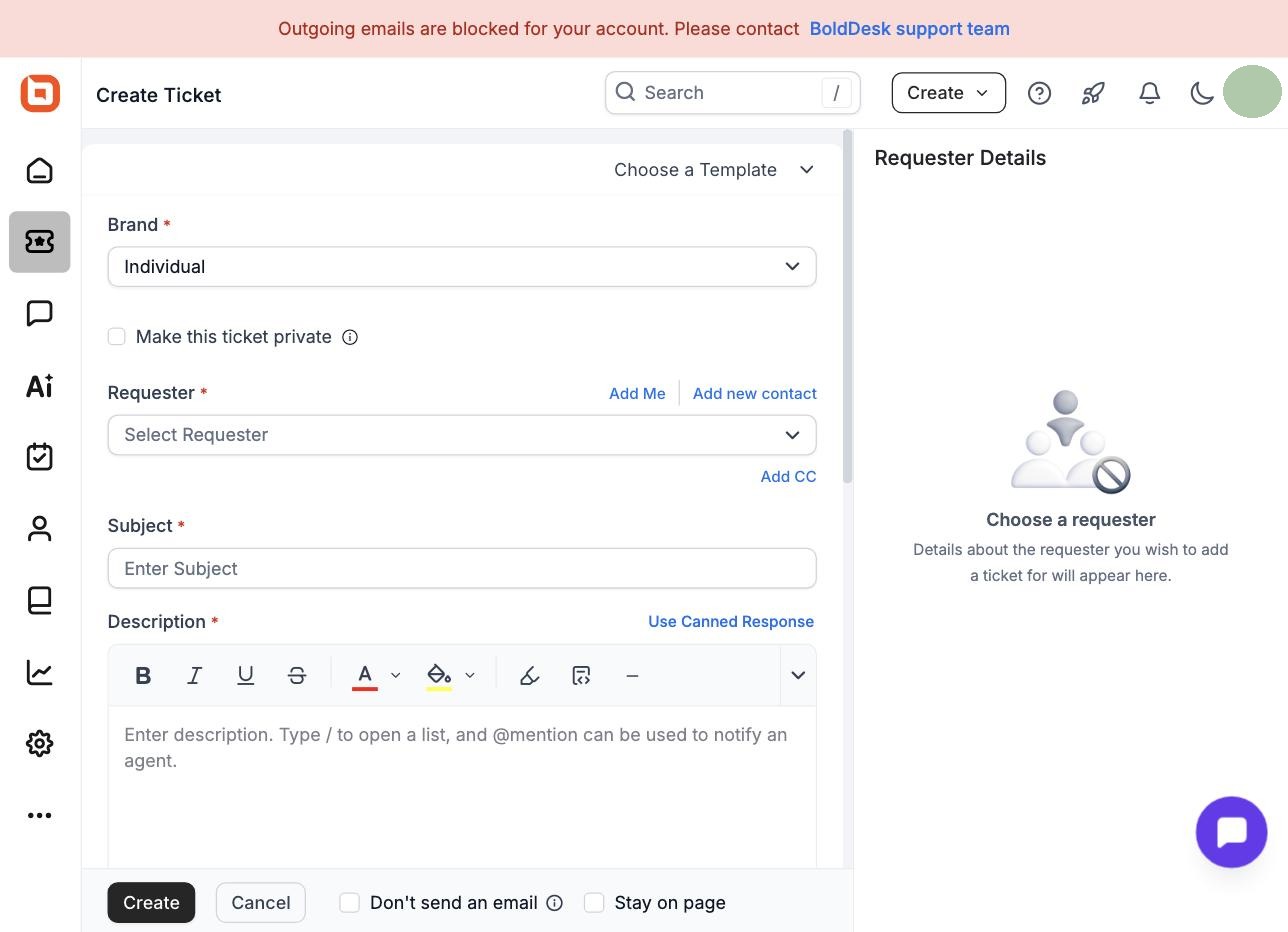 BoldDesk Create Ticket form showing brand, requester, subject, and description fields