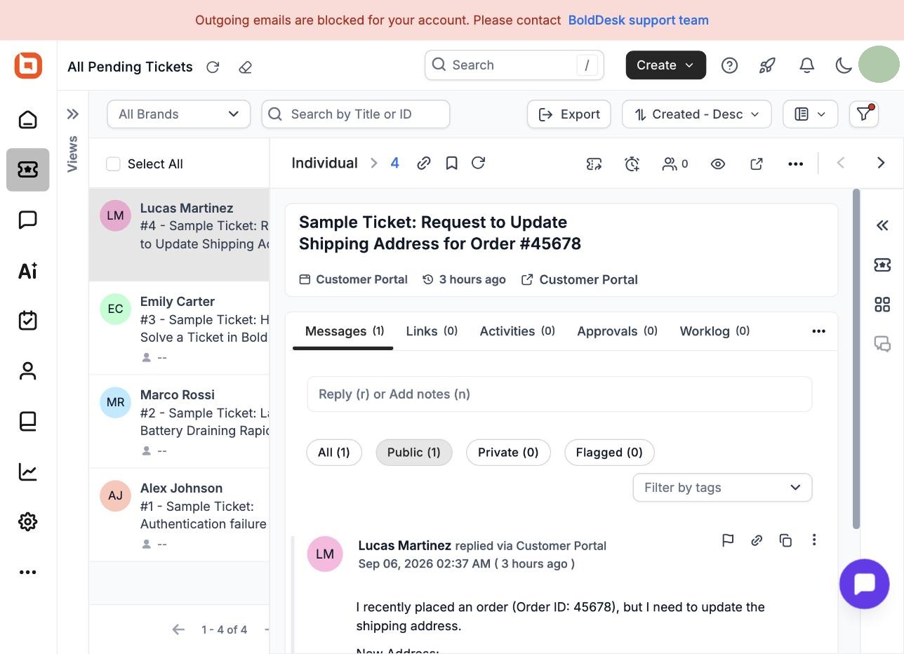 BoldDesk ticket list and ticket detail view with a customer message thread and reply box