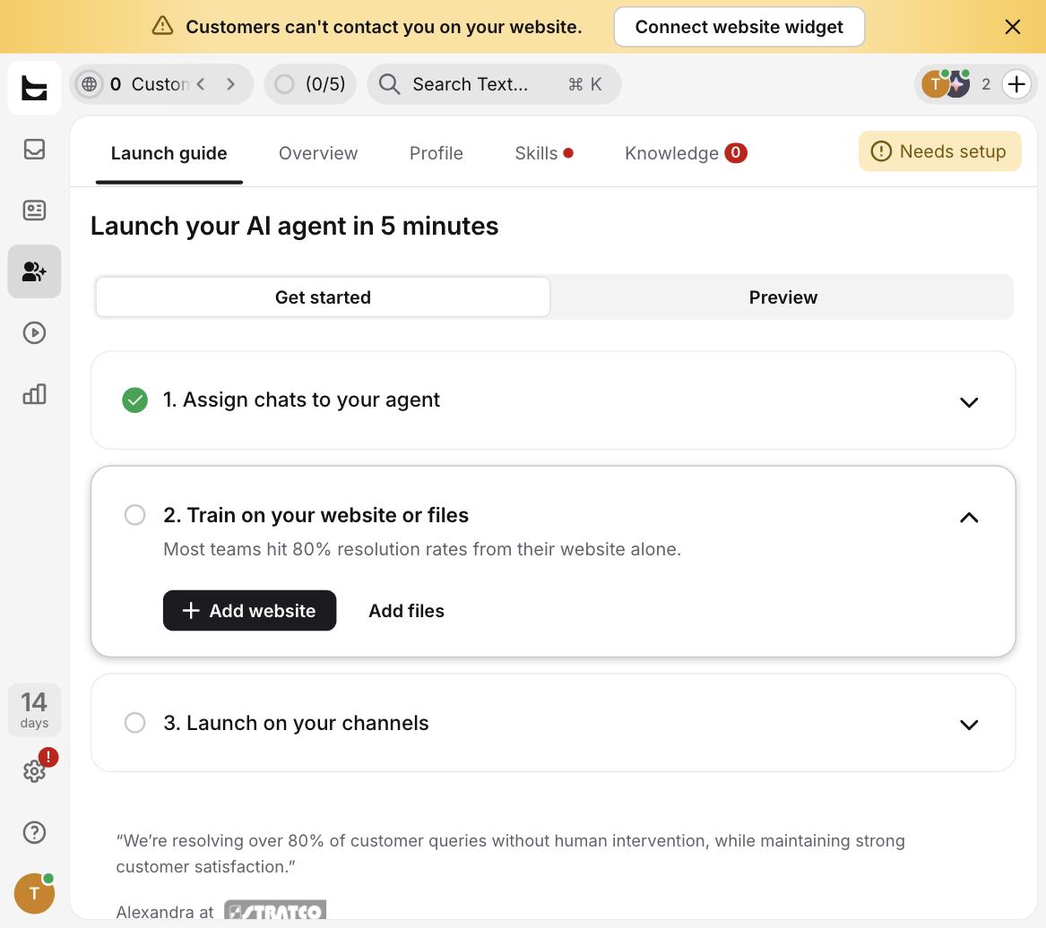 Text.com launch guide with three setup steps: assign chats, train on website or files, launch on channels