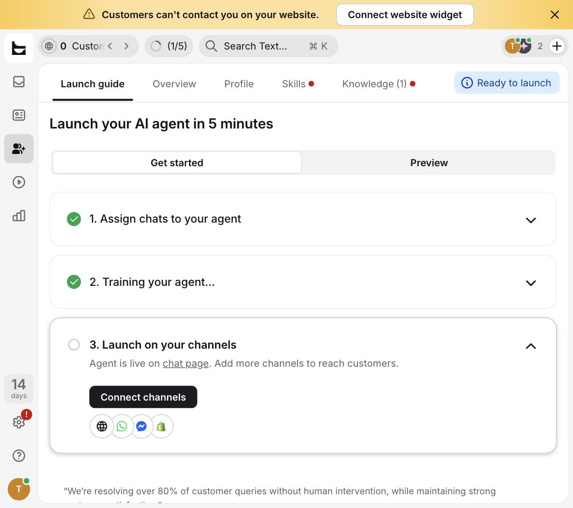 Text.com AI agent marked Ready to launch after training completed on one knowledge source